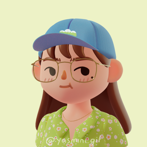 A three dimensional cartoony style bust-cropped picrew of a person with brown hair going past their shoulders, wearing gold glasses, a blue baseball cap, and a flower patterned lime button up. They are posed in front of an empty pale green background. The artist signature says yasmini.gif .