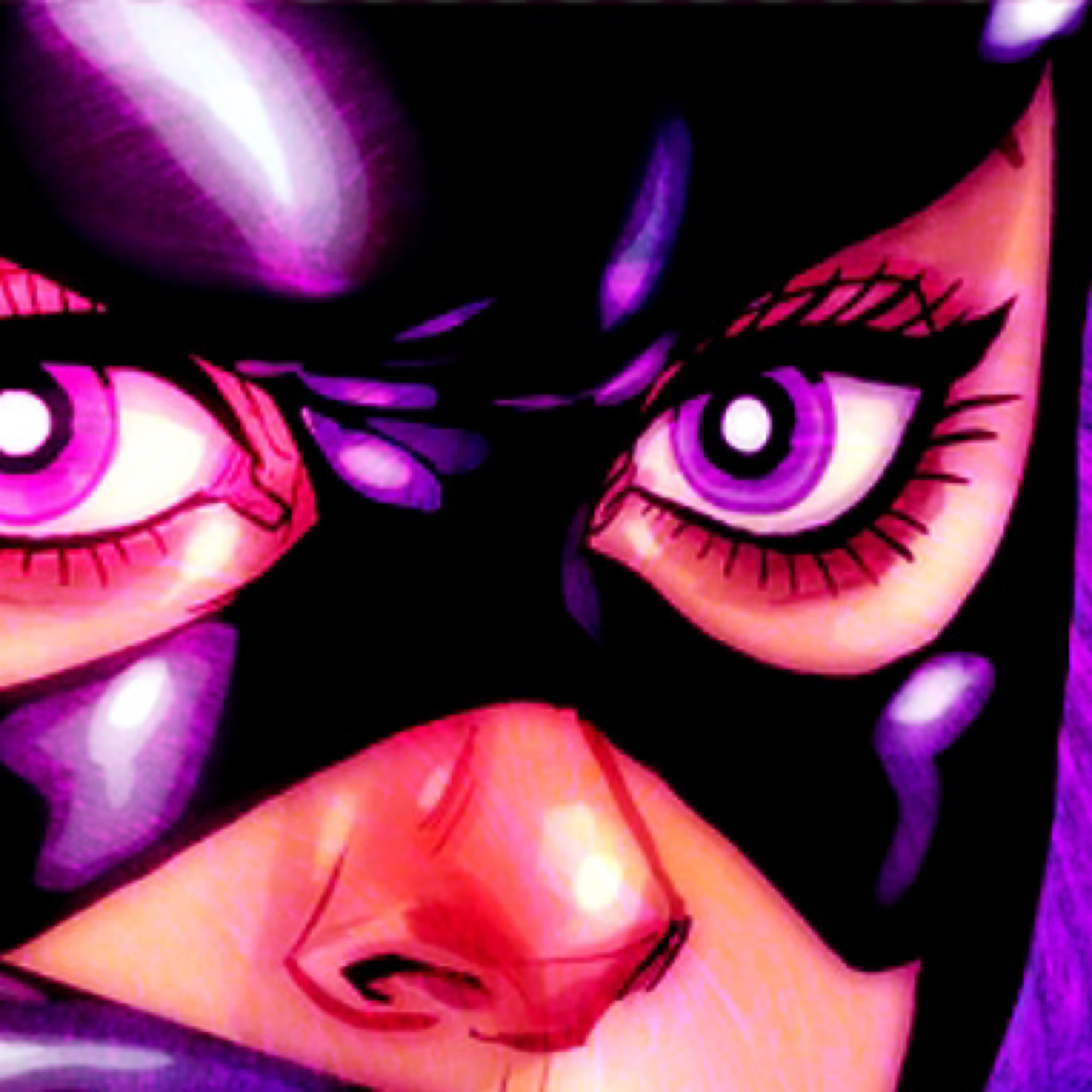 A close-up of Stephanie Brown with her 2009 Batgirl mask on. The focus is her eyes against the lightly textured purple background.