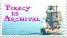 A digital stamp with the phrase piracy is archival over the image of a wooden ship at sea