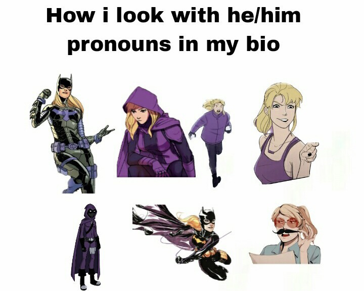 An image that says How I look with he/him pronouns in my bio followed by seven images of Stephanie Brown