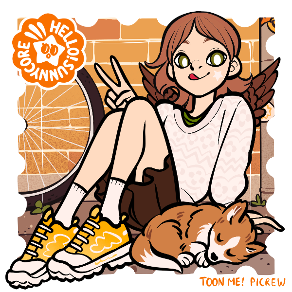 A cartoony style picrew of a person with medium length light brown hair and brown birds wings wearing a manila sweater and yellow sneakers giving a peace sign. They are posed in front of a brick wall with a sleeping puppy. The artist signature says Hello!Sunnycore and toon me! picrew.