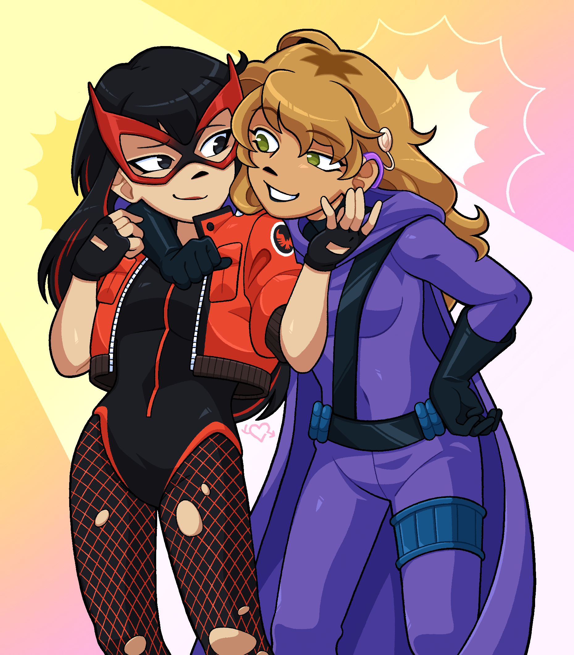 Half body digital art piece of Stephanie Brown in her classic Spoiler suit leaning over with an arm around Sierra who is in her Red Canary costume