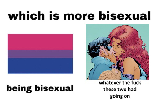 An image with large text at the top saying Which is more bisexual. In the middle is the bisexual flag on the left and an image of Dick Grayson and Koriand'r kissing in the comics. The bottom says being bisexual or whatever the fuck these two had going on